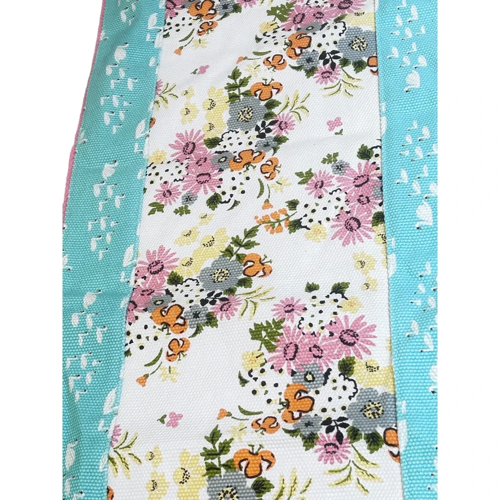 Matilda Jane Floral Swan Reversible Table Runner Pink Teal Stripe Pom Pom NWT